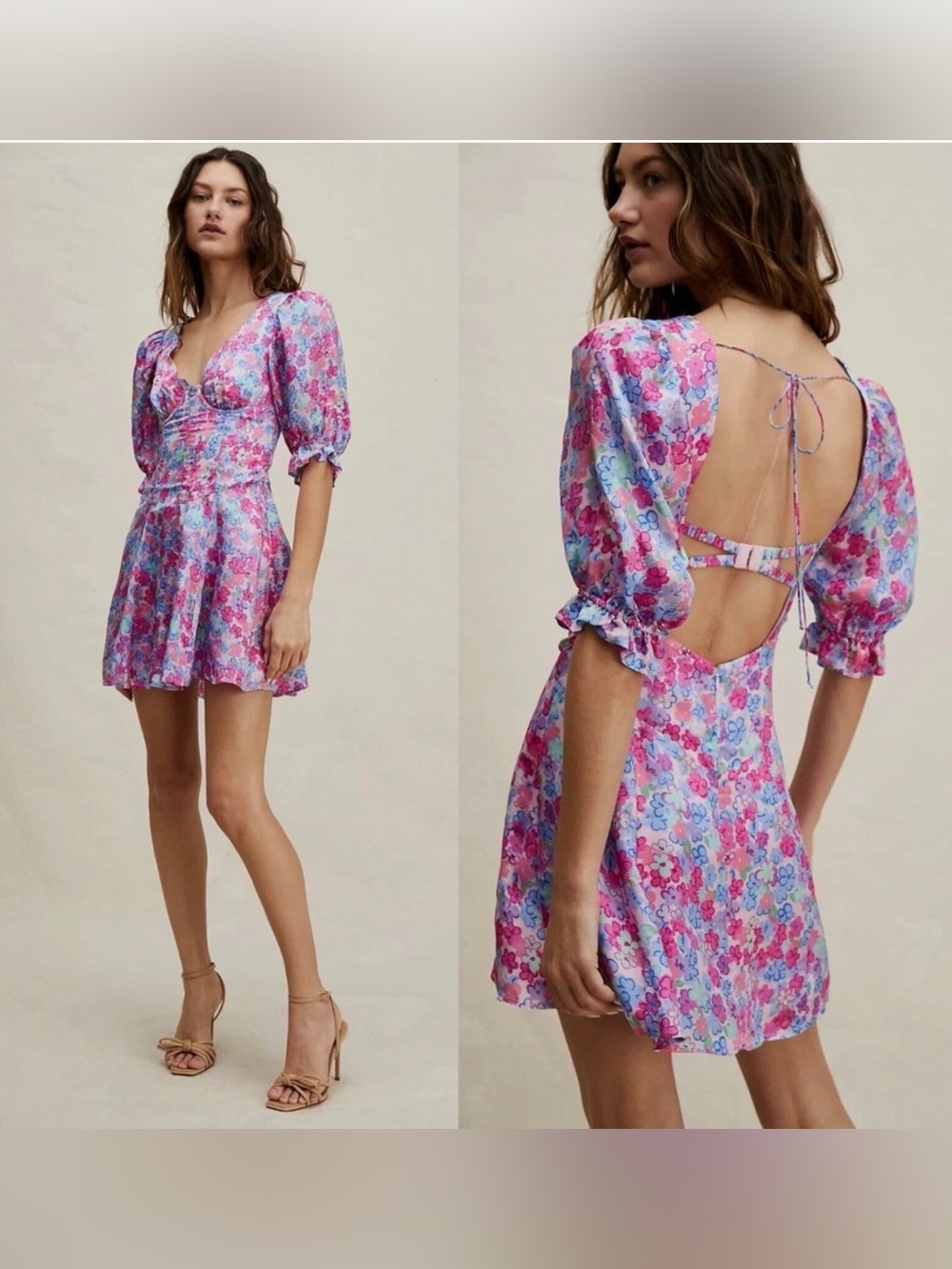 For‎ Love and Lemons Angie Mini Dress Floral Puff Sleeve Corset Sateen A-Line L